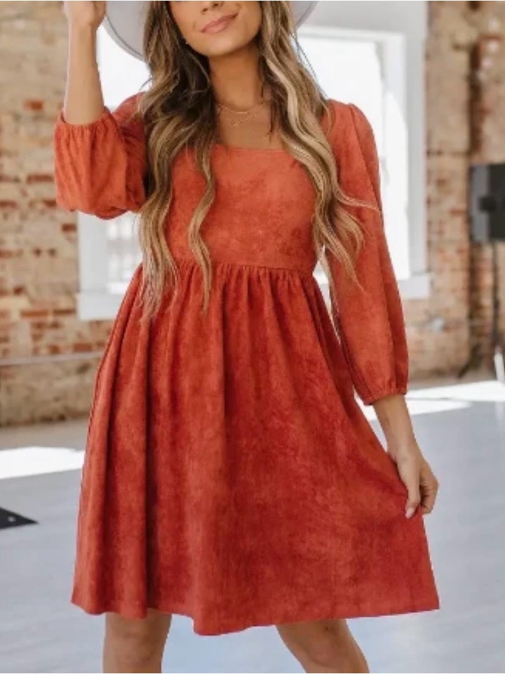 Square-Neck Rust Orange faux suede Babydoll Dress